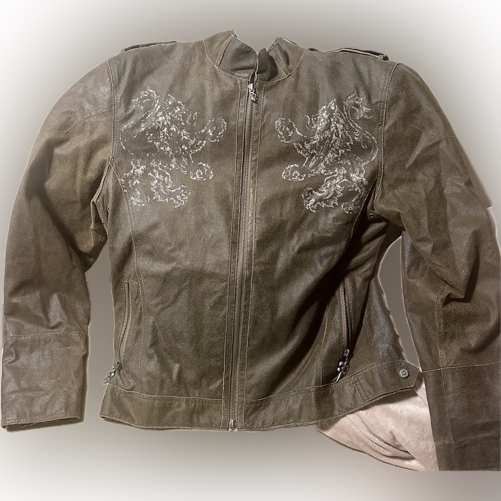 Royal Underground Brown Leather Bomber Jacket with Embroidery